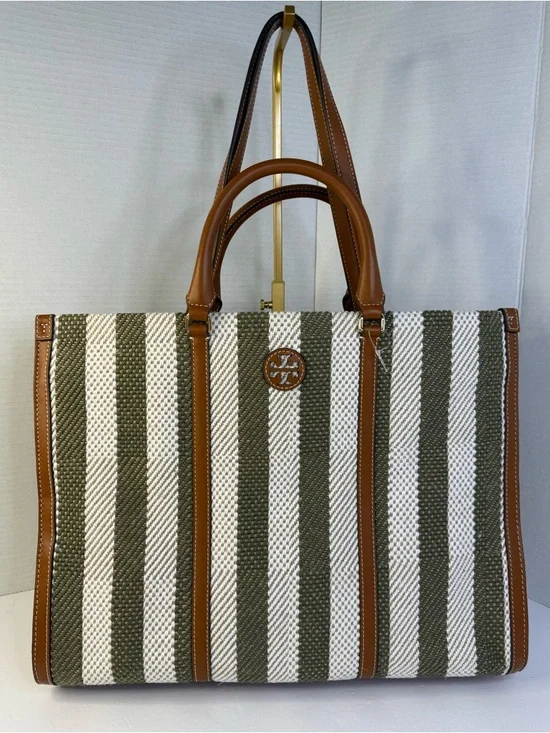 Tory Burch Blake Grove Green & White Striped Canvas Tote Cognac Leather Trim - Picture 1 of 14